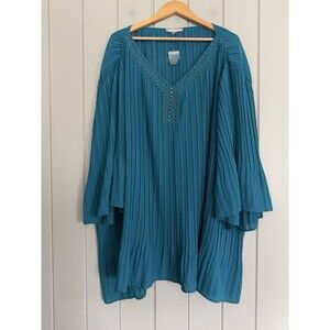 NWOT Woman Within Full Pleated Blouse 38/40 5X Teal Blue Studded 3/4 Bell Sleeve